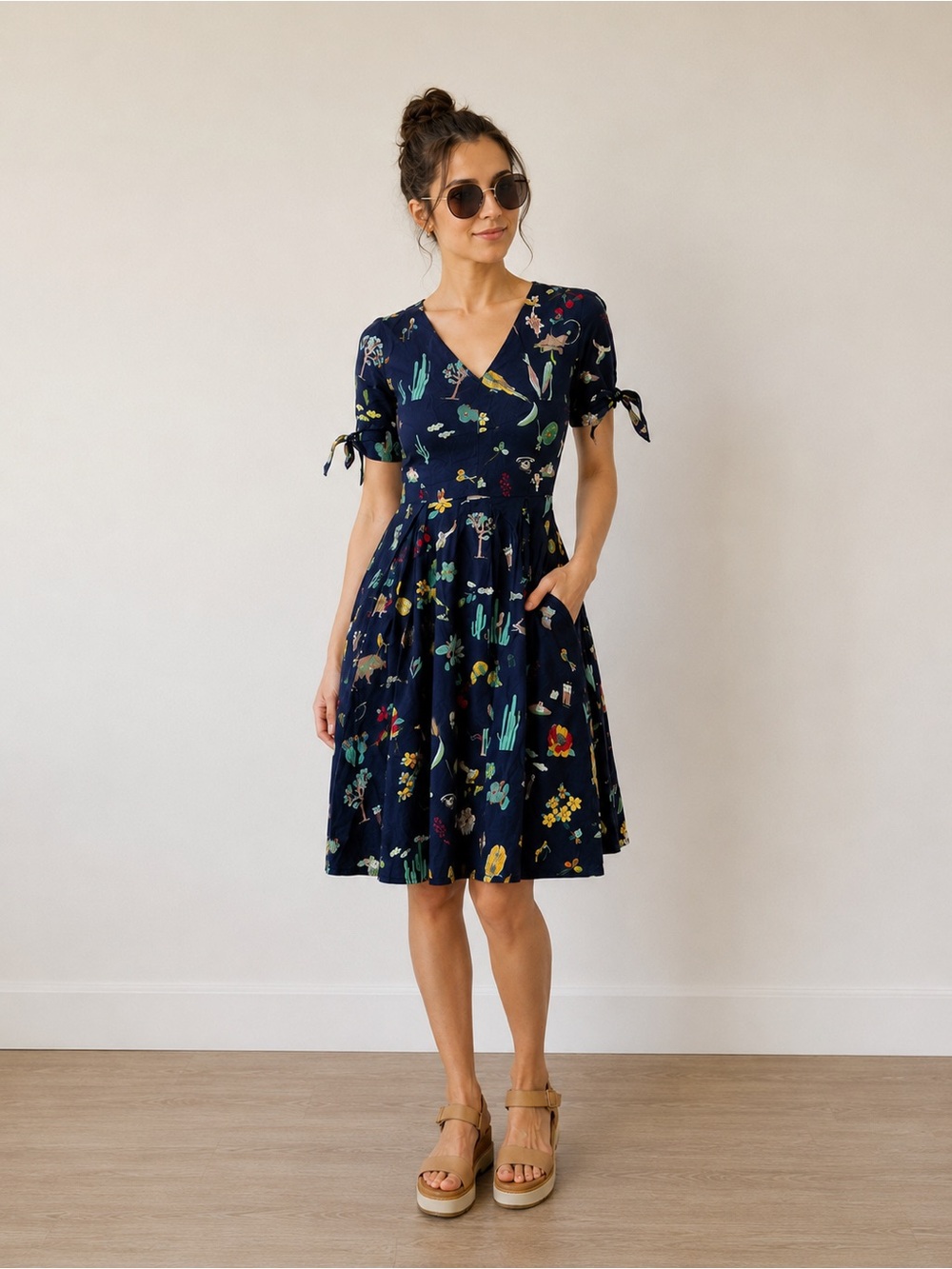 Navy Floral Midi Dress with Short Tie Sleeves
